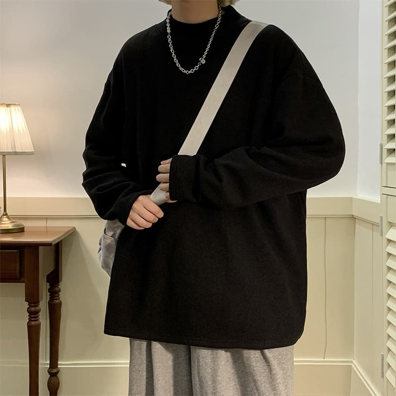 ロンT ゆったりモックネック無地長袖シャツ