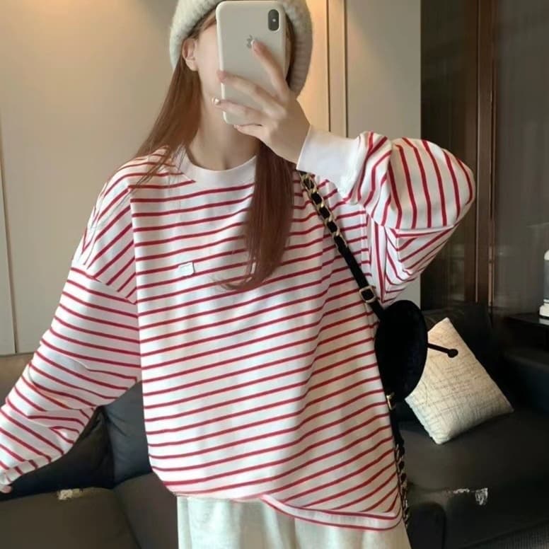 ロンT ゆったりボーダー柄カットソー