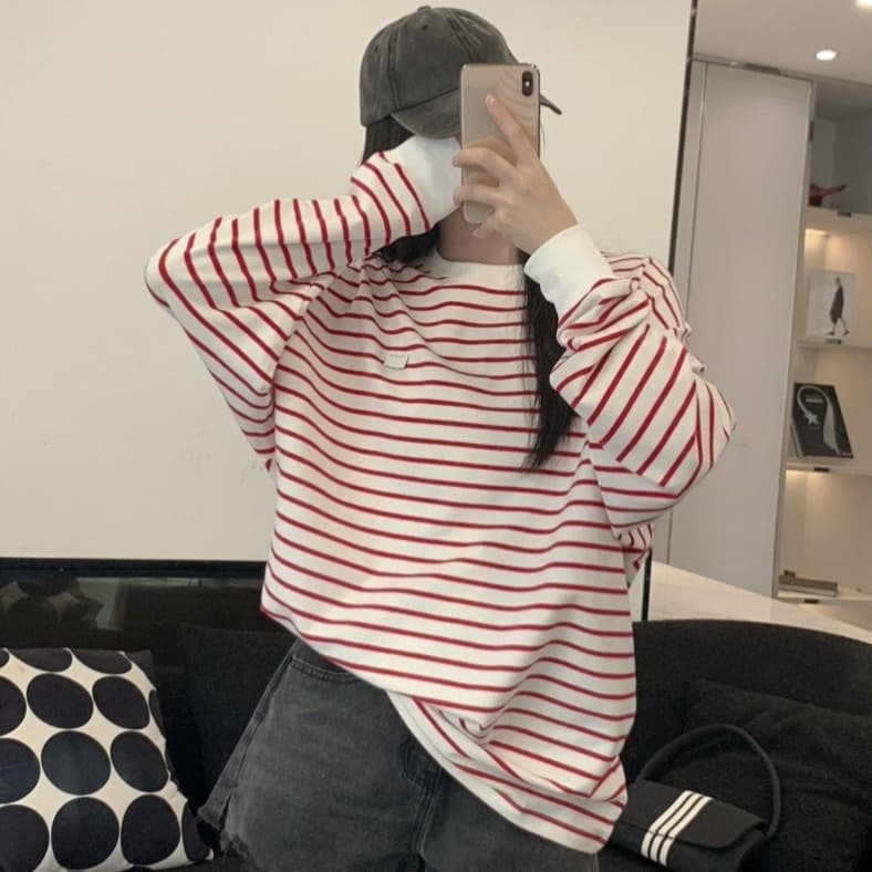 ロンT ゆったりボーダー柄カットソー