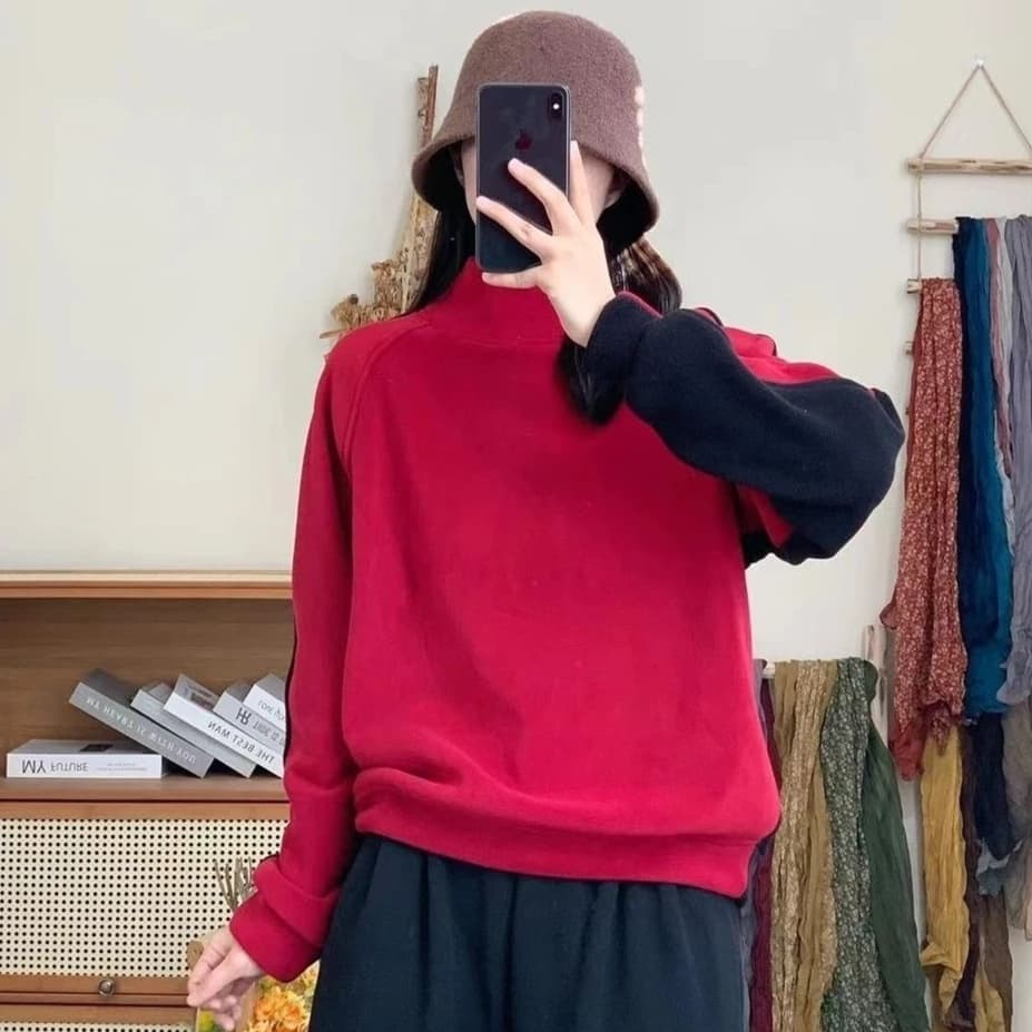 ロンT なめらかモックネック厚手長袖トップス