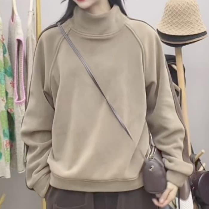 ロンT なめらかモックネック厚手長袖トップス