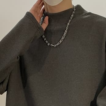 ロンT ゆったりモックネック無地長袖シャツ