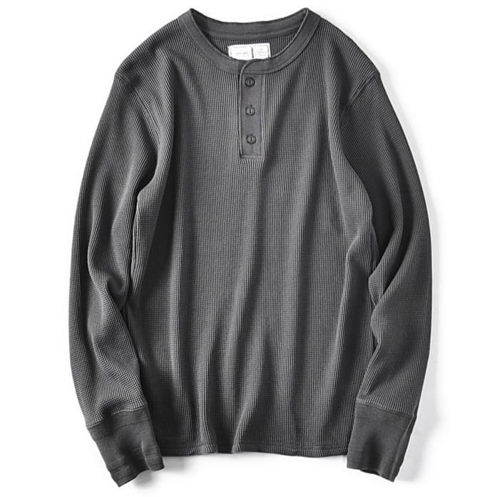ロンT ワッフル編み ヘンリーネック 長袖