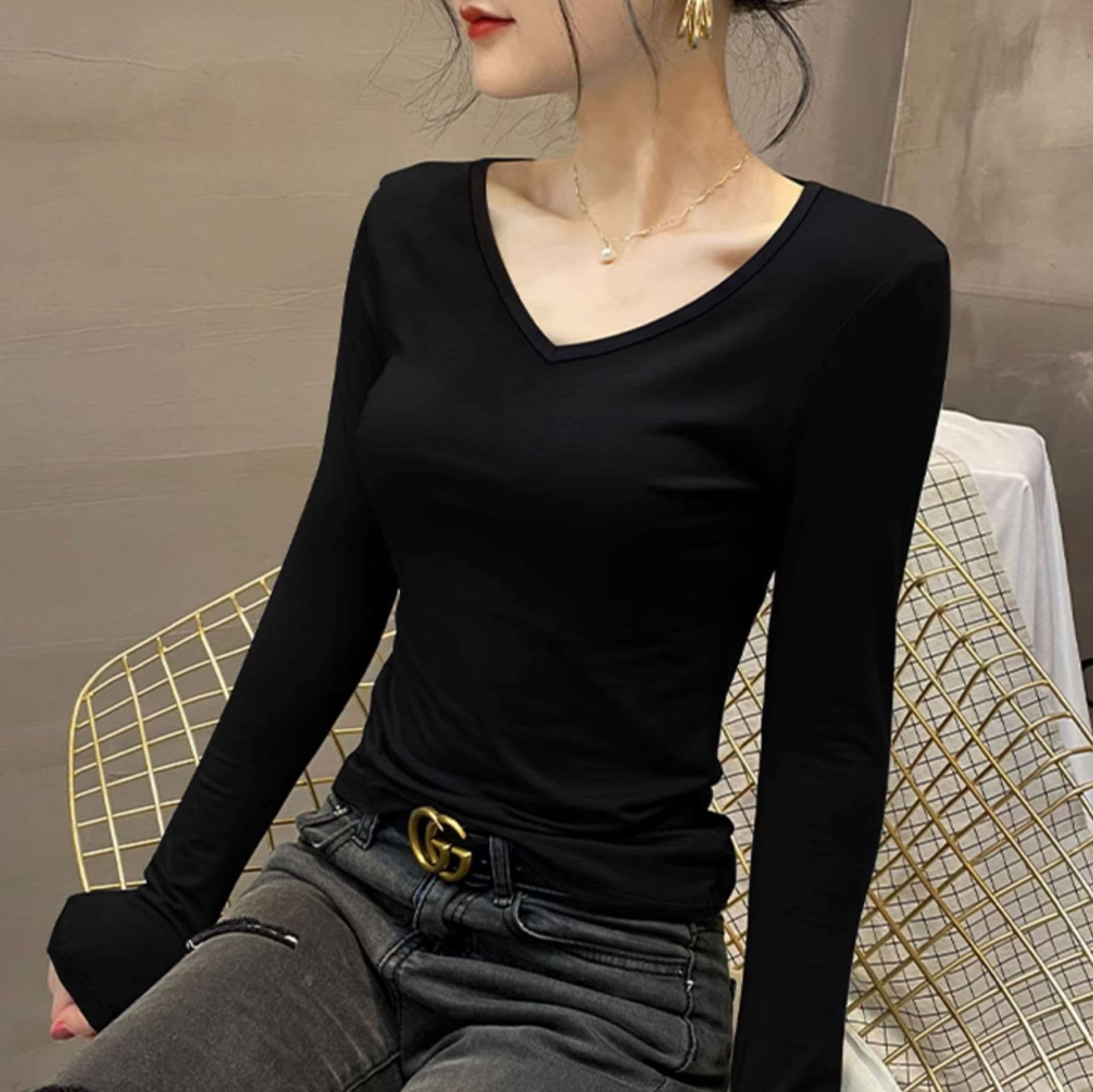 ロンT シンプル深Vネック長袖カットソー