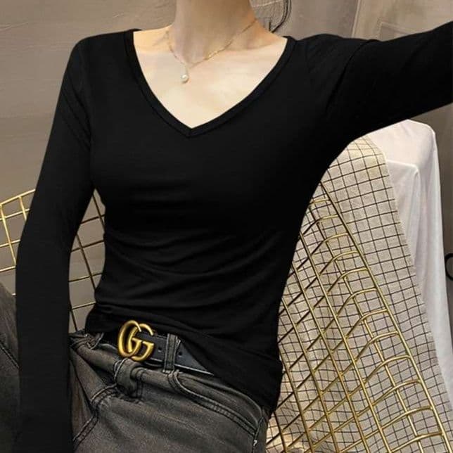 ロンT シンプル深Vネック長袖カットソー