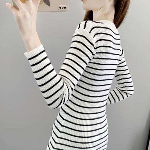 ロンT リブ編みボーダーニットトップス