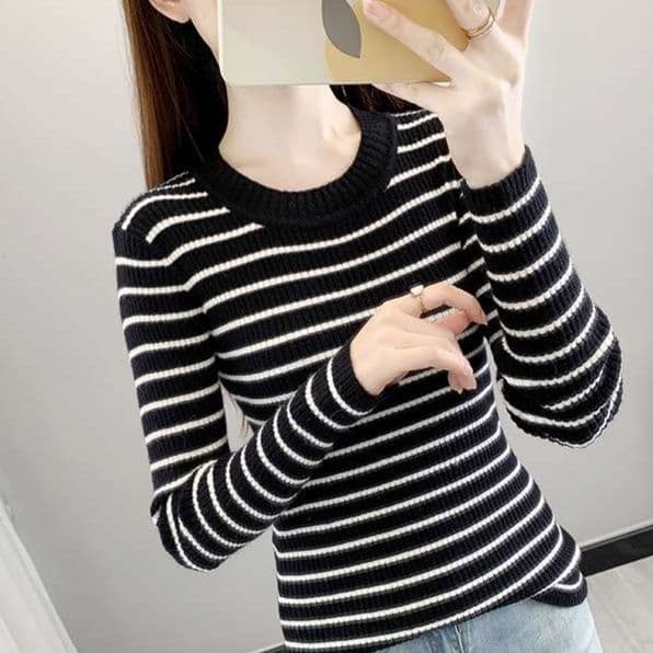 ロンT リブ編みボーダーニットトップス