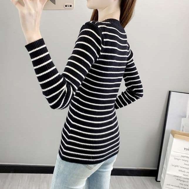 ロンT リブ編みボーダーニットトップス