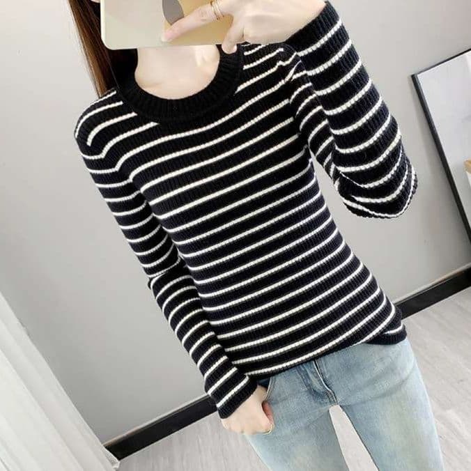 ロンT リブ編みボーダーニットトップス