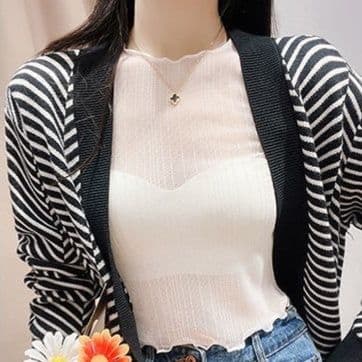 ロンT 透け感フリルネックシアートップス