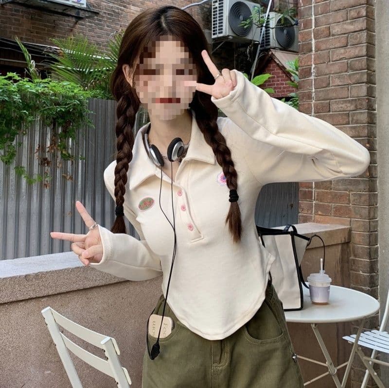 ロンT お花ワッペン襟付きポロシャツ