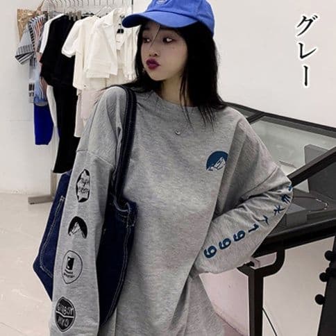 ロンT 薄手ロゴプリント韓国風ビッグシルエットトレーナー