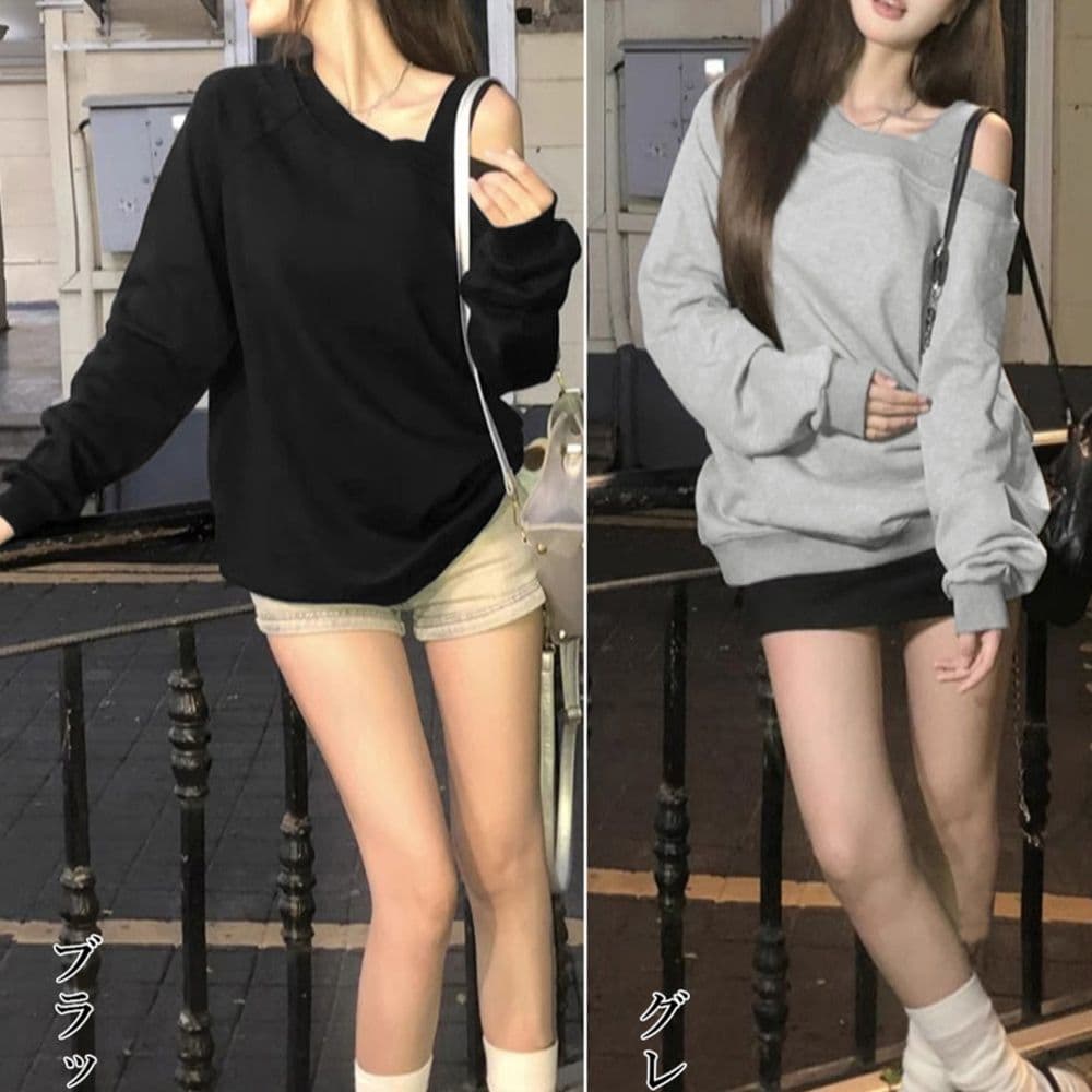薄手ワンショルダー長袖ロンT韓国風レディース