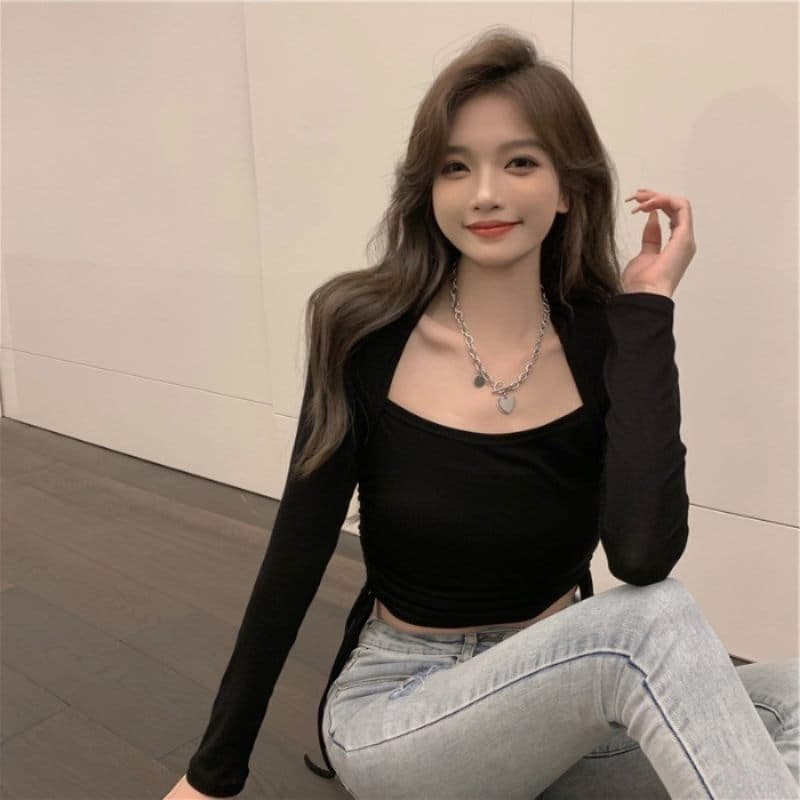 ロンT 上品スクエアネック透け感トップス