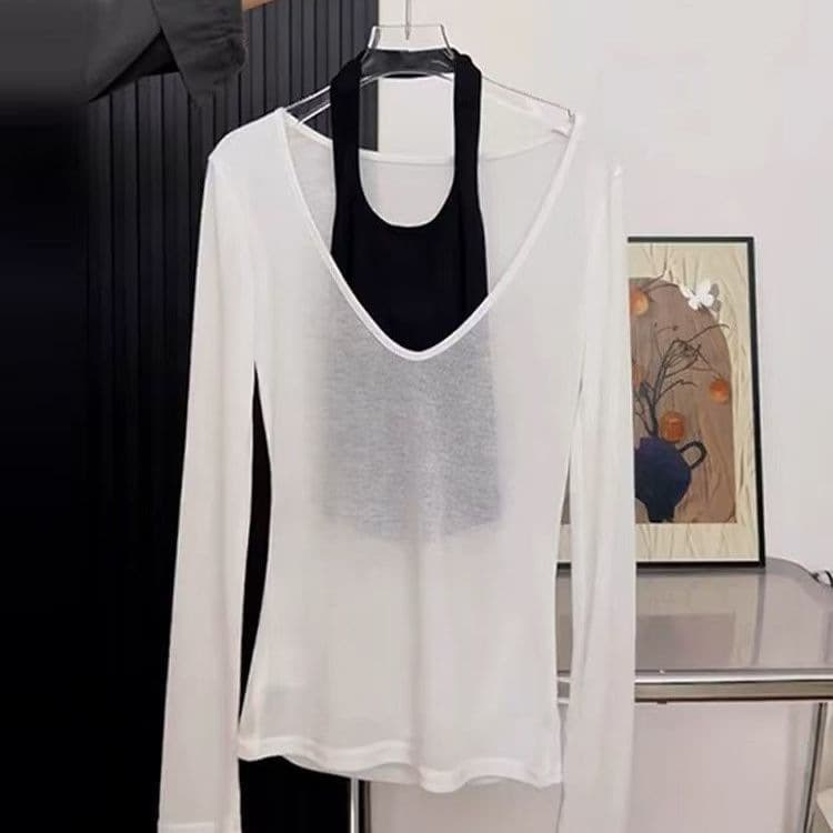 ロンT 深みネックシアー重ね着風長袖