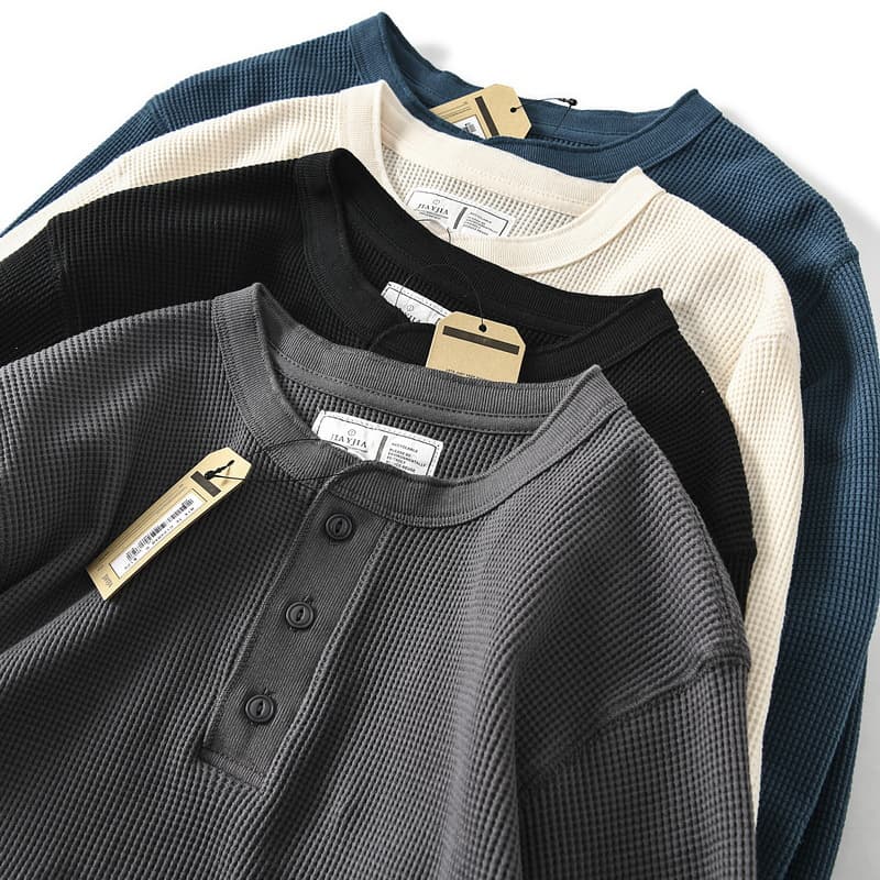 ロンT ワッフル編み ヘンリーネック 長袖