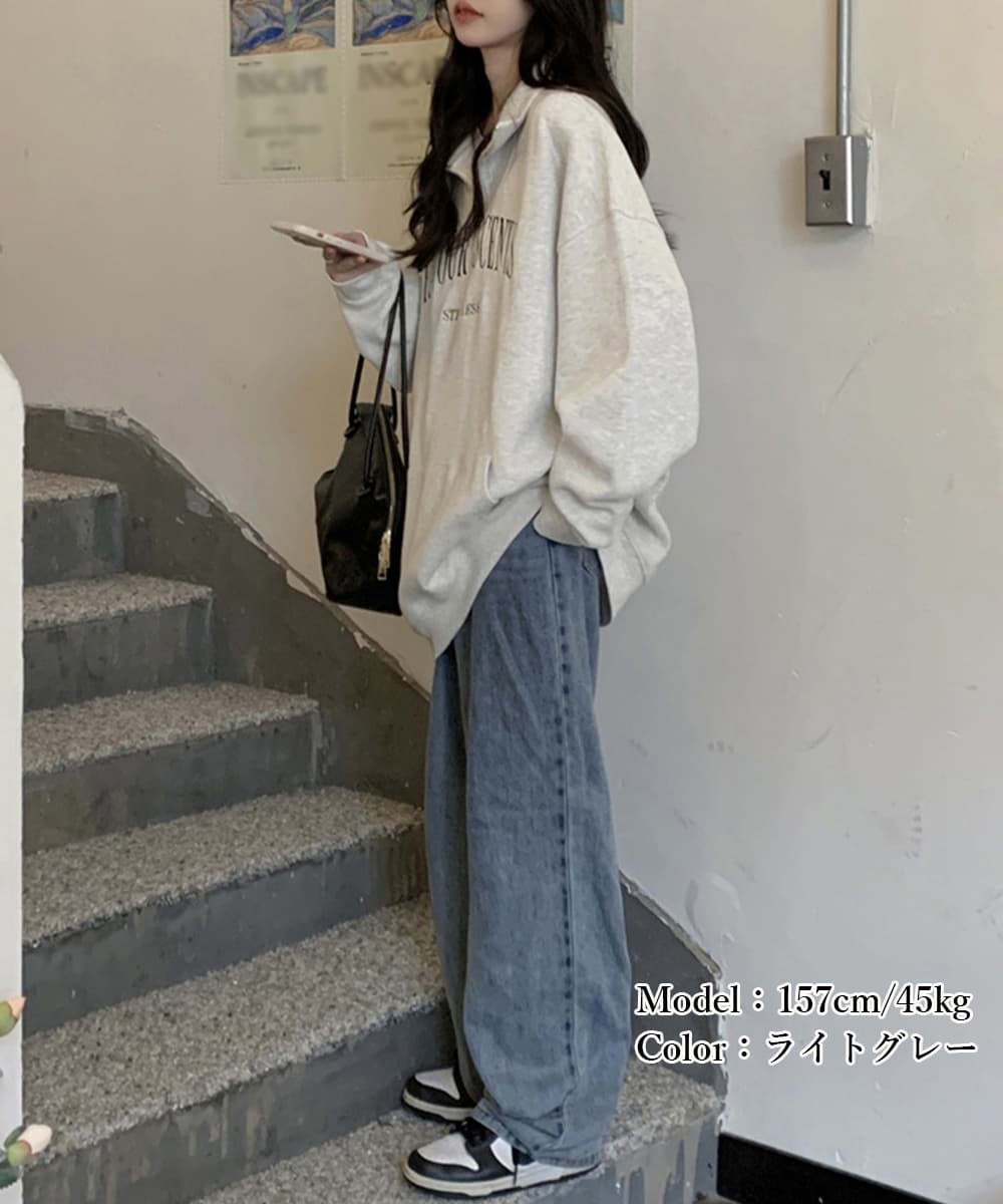 ロンT 薄手ロゴプリントスウェット春秋ゆったりポロ襟