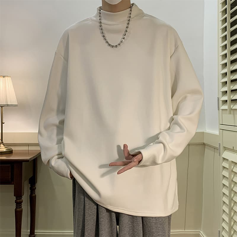 ロンT ゆったりモックネック無地長袖シャツ