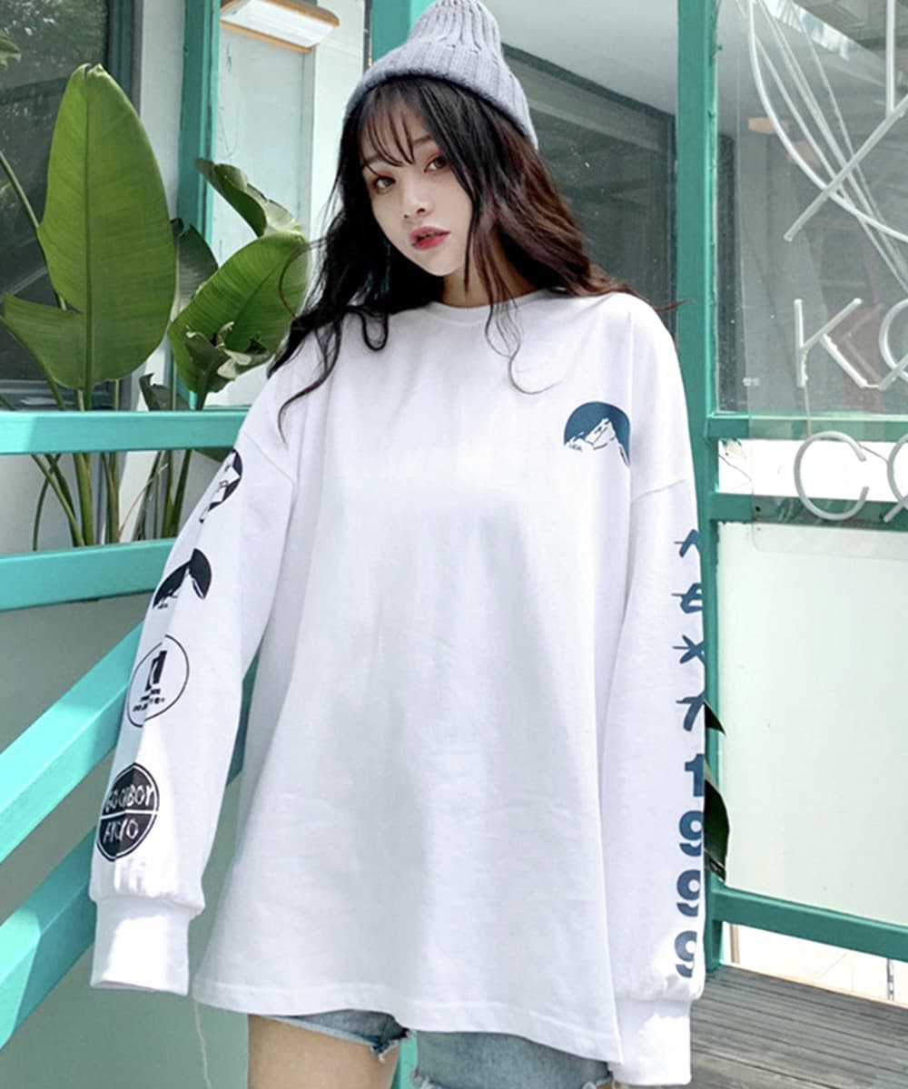 ロンT 薄手ロゴプリント韓国風ビッグシルエットトレーナー