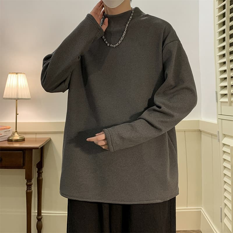 ロンT ゆったりモックネック無地長袖シャツ