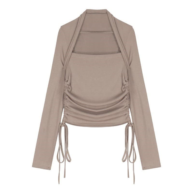 ロンT 上品スクエアネック透け感トップス