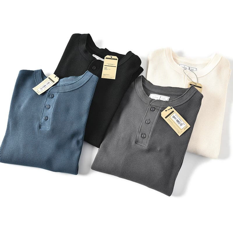 ロンT ワッフル編み ヘンリーネック 長袖