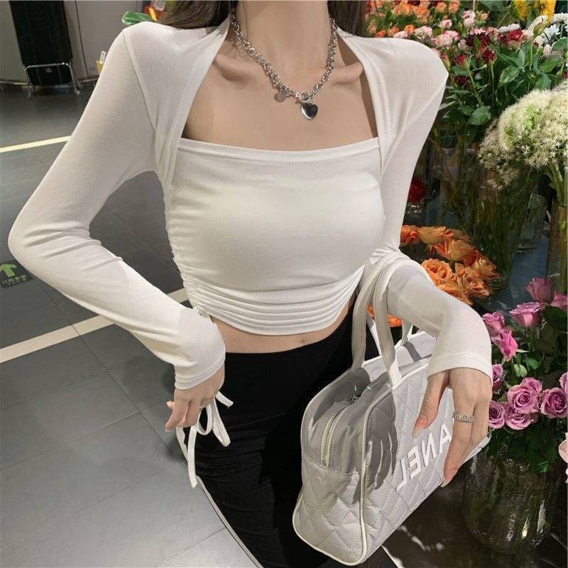 ロンT 上品スクエアネック透け感トップス