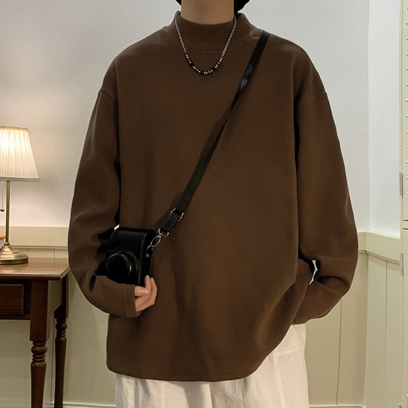 ロンT ゆったりモックネック無地長袖シャツ