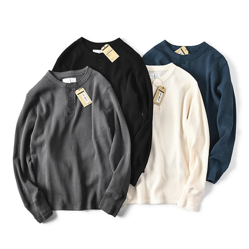 ロンT ワッフル編み ヘンリーネック 長袖