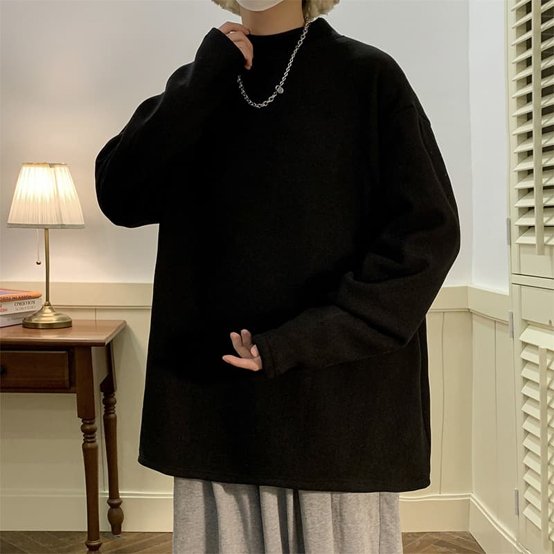 ロンT ゆったりモックネック無地長袖シャツ