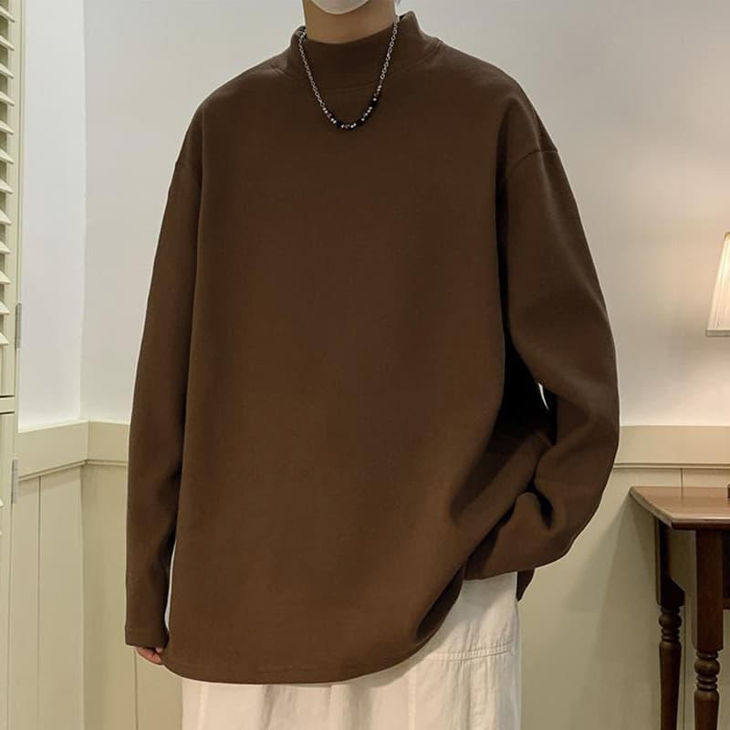 ロンT ゆったりモックネック無地長袖シャツ