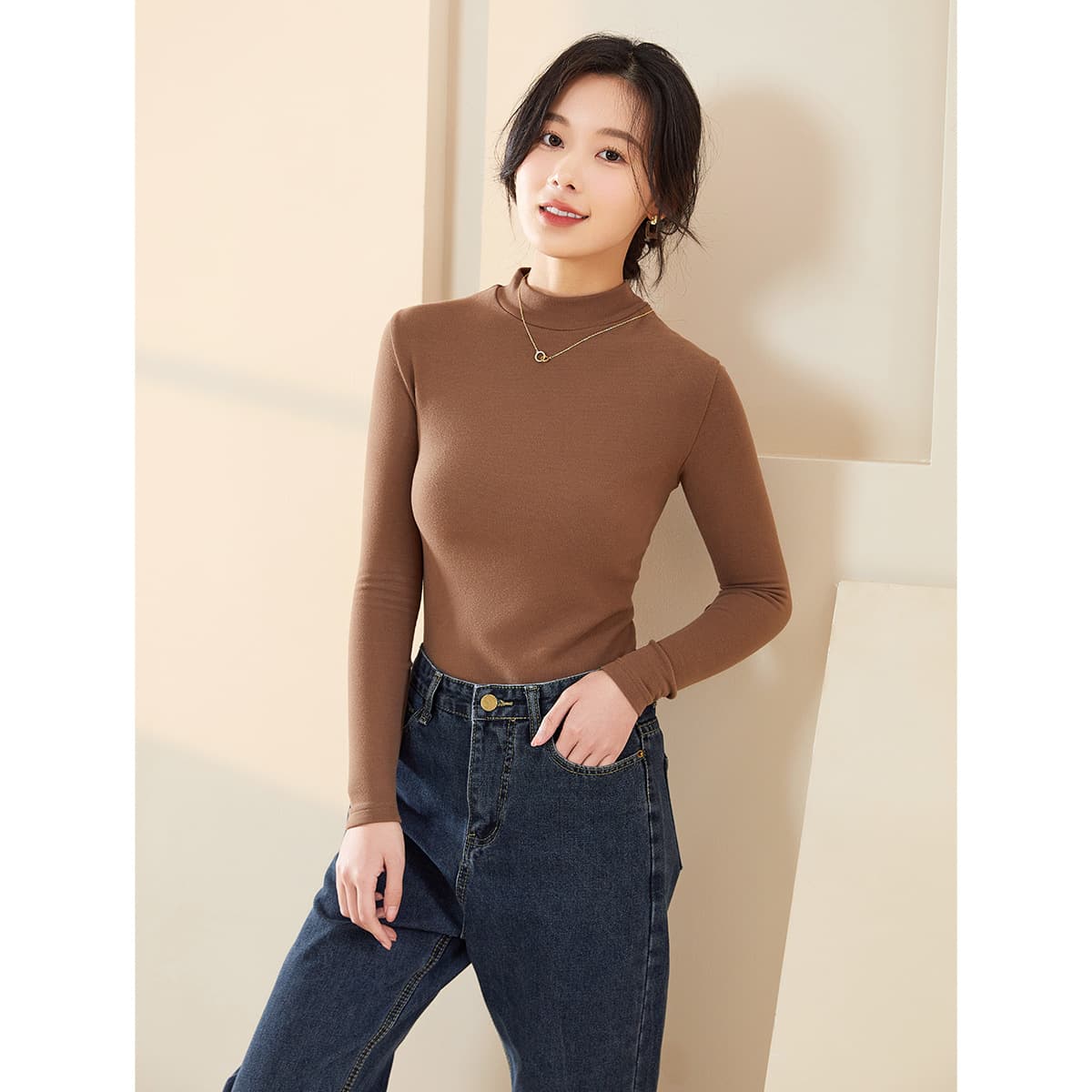 ロンT 上品モックネックシアー長袖トップス