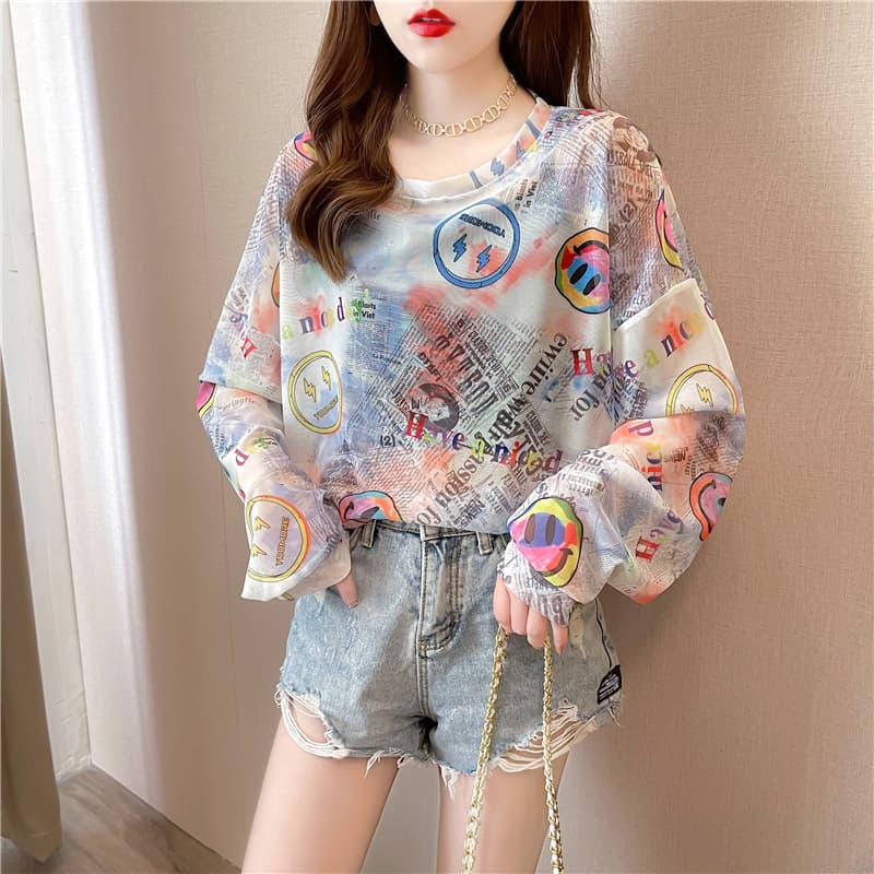 ロンT ポップ柄シースルー長袖カットソー