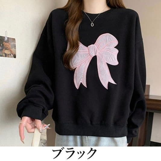 ロンT 厚手刺繍リボン裏微起毛スウェットトップス