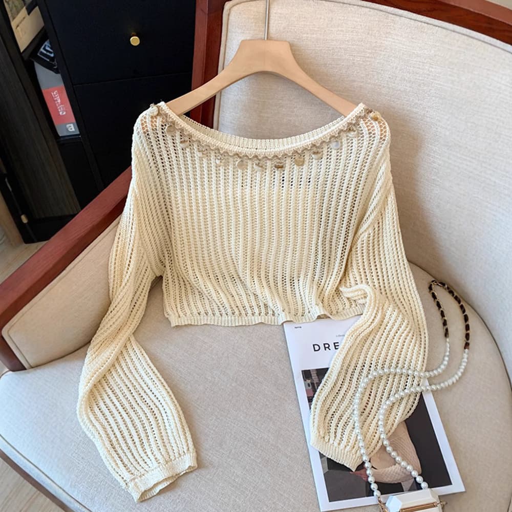 ロンT 装飾付き透かし編みロングトップス