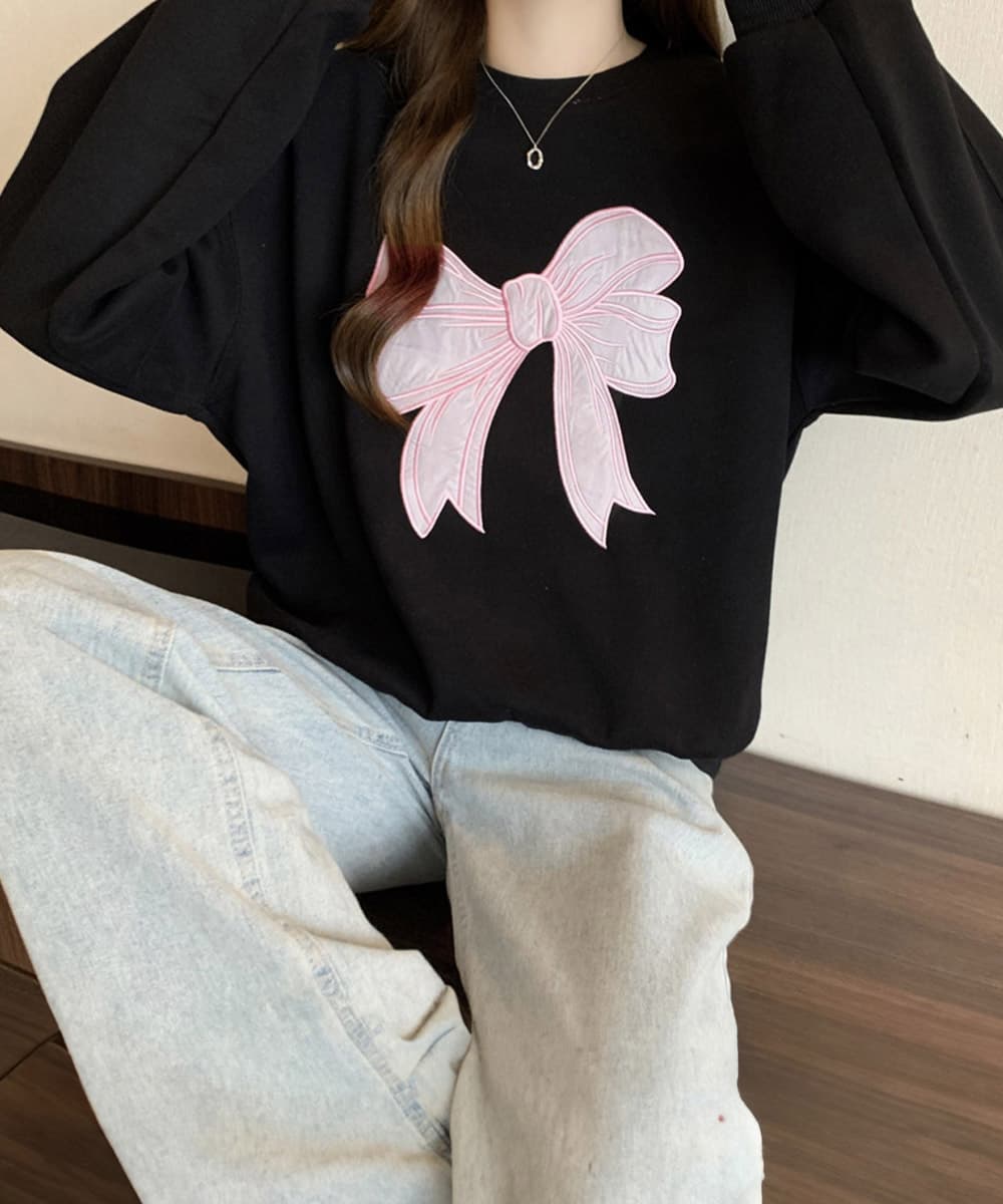 ロンT 厚手刺繍リボン裏微起毛スウェットトップス