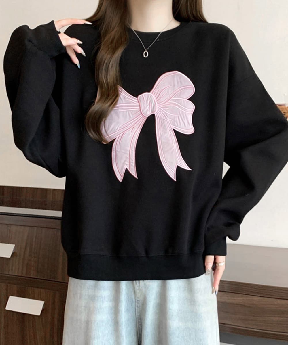 ロンT 厚手刺繍リボン裏微起毛スウェットトップス