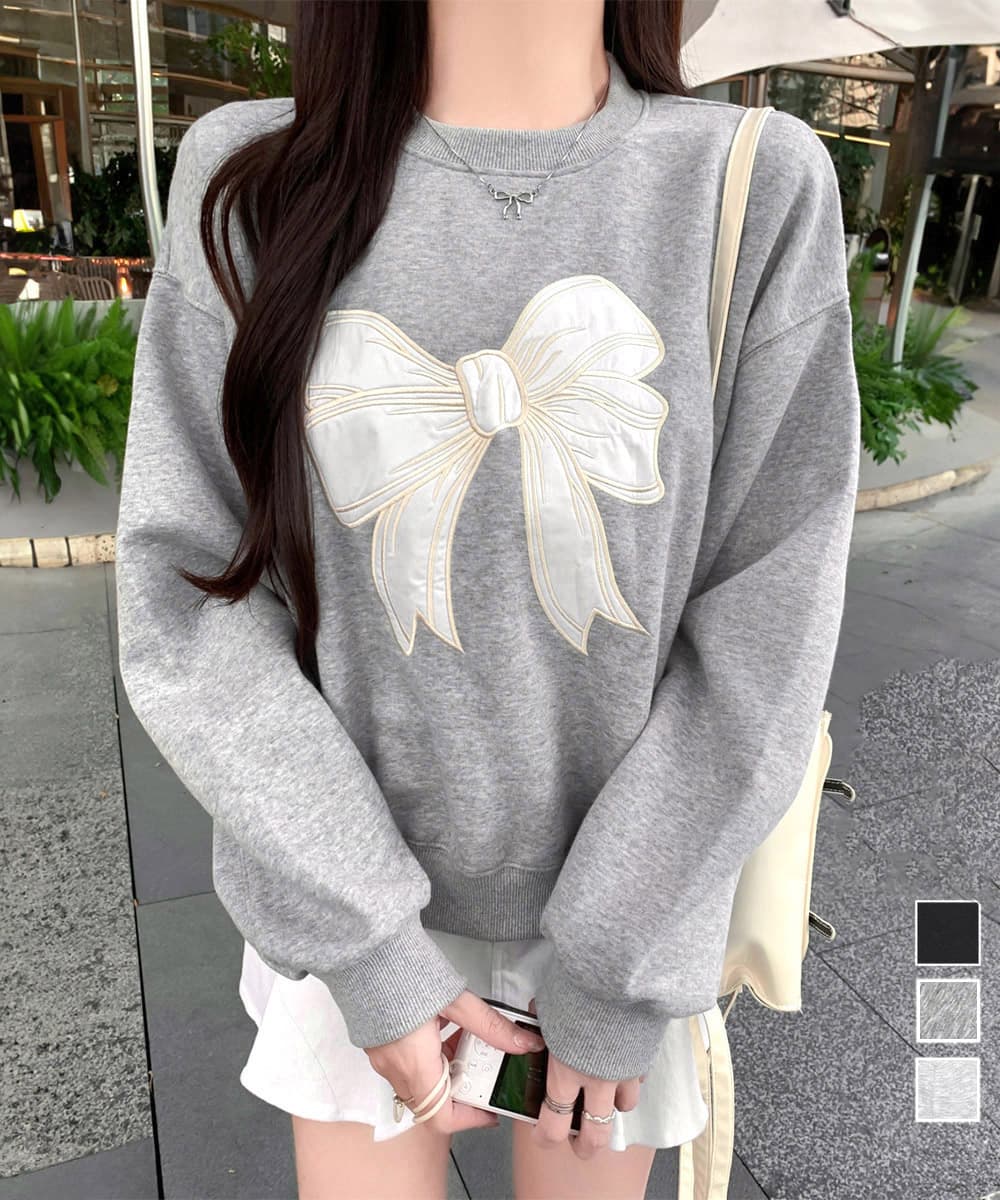 ロンT 厚手刺繍リボン裏微起毛スウェットトップス